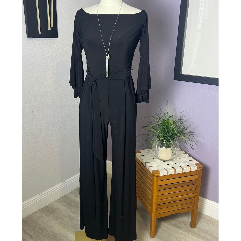 Lauren Ralph Lauren Black Off Shoulder Bell Sleeve Wide Leg Jumpsuit Tie Waist 4